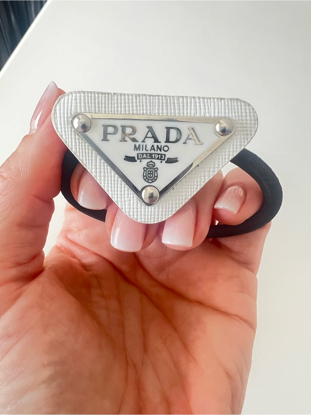 Prada White Triangle Logo Hair Elastic with Black Band - Picture 3 of 4